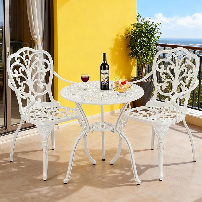 Patio Bistro Set 3 Piece Cast Aluminum Outdoor Bistro Set, Rust Resistance Bistro Table and Chairs of 2 with Umbrella Hole, Small Patio Set for Garden Outside, White