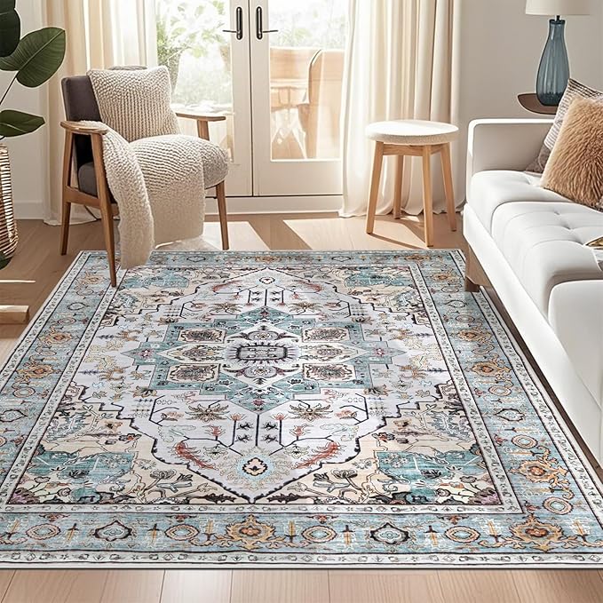 WILLSUN Washable Area Rugs, 6x9 Non-Slip Boho Large Area Rugs for Living Room, Bedroom, Machine Washable Vintage Rug, Indoor Floral Print Carpet for Home Decor, Kid & Pet Friendly Mat