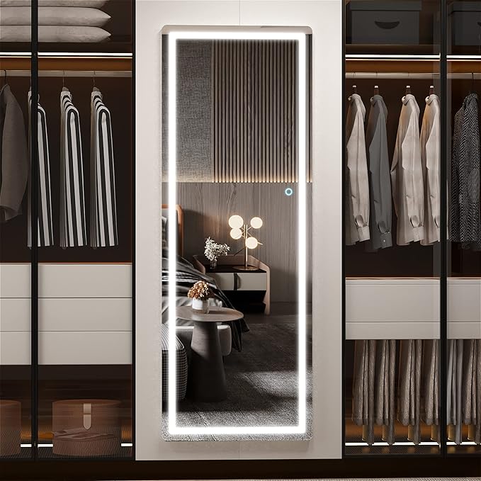 Hasipu Full Length Mirror with Lights, 65" x 22" LED Floor Mirror, Full Body Dressing Standing, Hanging Mounted Mirror for Living Room Bedroom Cloakroom, Round Black