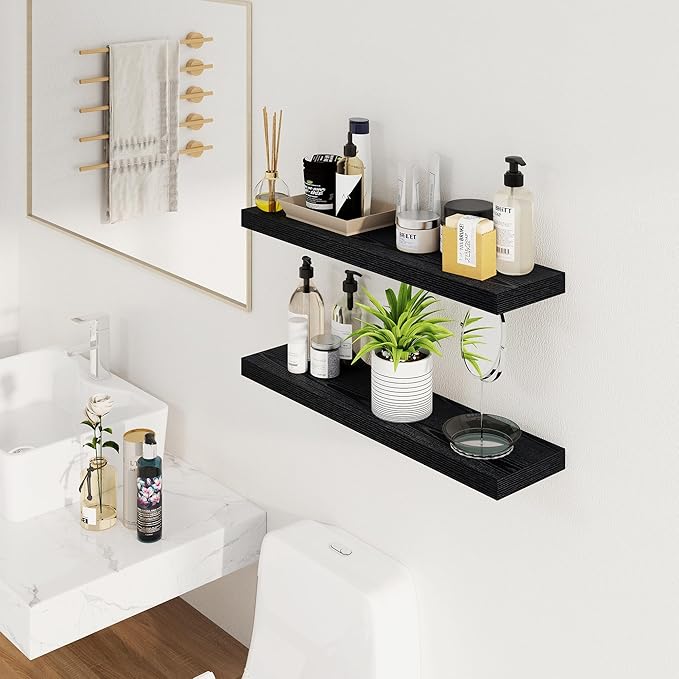 Fun Memories Floating Shelves for Wall, 32Inch Floating Shelves Set of 2, Hanging Shelf with Invisible Brackets, Wood Shelves for Living Room, Bedroom, Kitchen, Black