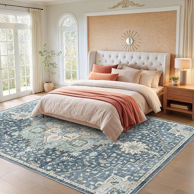 AMADA HOMEFURNISHING 8x10 Washable Area Rug, Low-Profile Large Area Rug with Non-Slip Backing & Durable Edge Binding, Vintage Large Rugs for Living Room, Bedroom, Dinning Room
