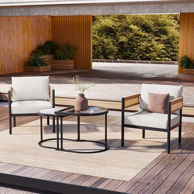 Grand patio 4-Piece Outdoor Conversation Set with 2 Single Chairs and 2 Patio Coffee Tables, Wicker Furniture Set, Natural