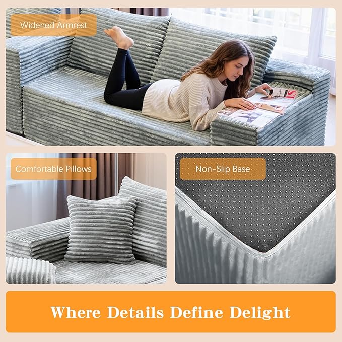 106''Boneless Couches for Living Room, L Shaped Modular Sectional Sofa with Chaise Lounge, Faux Rabbit Fur & Layered Cushion Deep Seat Cloud Couch, No Assembly (Grey, Left Facing Chaise)