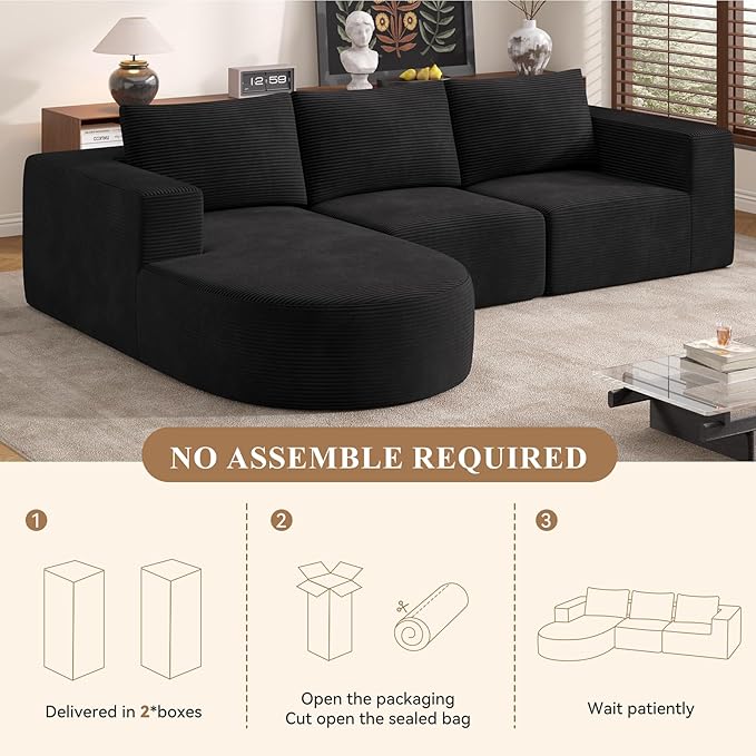 104”Sectional Couches for Living Room, Modular l Shaped Cloud Couch,Boneless Comfy Modern Sofa with Chaise, Deep Seat Convertible Sleeper Sofa Bed,No Assembly Required(Black-Corduroy Fabric) 1pcs