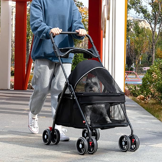 Pet Stroller,4 Wheels Outdoor Travel Pet Folding Stroller,Cat Strollers w/Removable Carrier,Dog Cat Cage Strollers with Cup Holder,Breathable and Visible Mesh for Medium Small Dog 1 Set