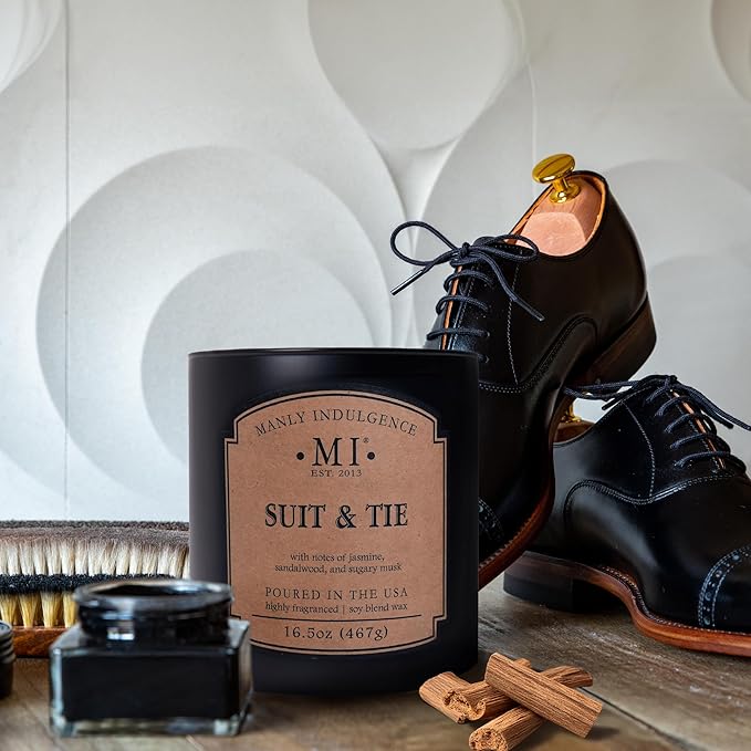 Manly Indulgence Suit & Tie Scented Candles for Men, 2 Wick, 16.5 oz, Premium Soy Blend Wax, 60H Burn, Candles for Home Scented - Made in The USA