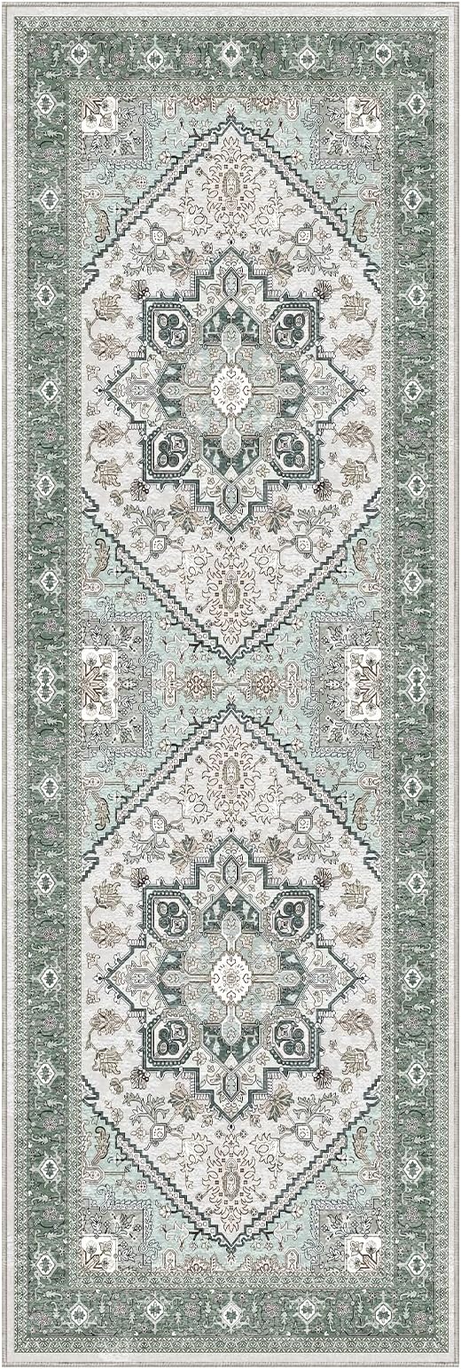 OPPODREAM Thin Entryway Rug 2x6, 2x6 Rug Runner, Washable Hallways Carpet 2 x 6 with Non Slip Backing, Low-Pile Bedside Carpet 2 x 6, Long, Faux Cashmere, Green