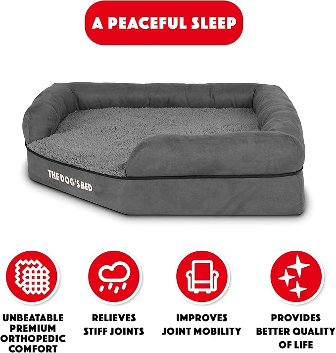 The Dog’s Bed Memory Foam Waterproof Corner Dog Bed, Large, Grey Plush, Eases Pet Arthritis & Hip Dysplasia Pain, Therapeutic & Supportive, Washable Plush Fabric Cover