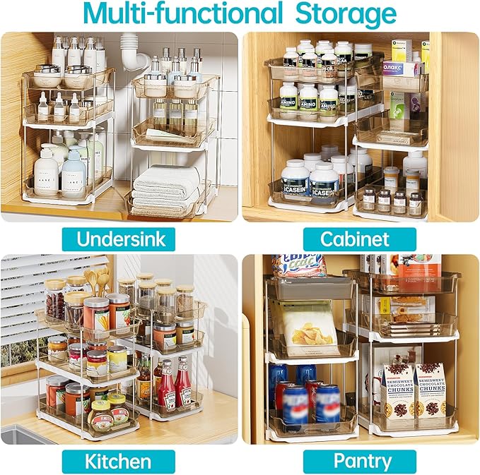 Delamu 2 Pack 3-Tier Bathroom Under Sink Organizers and Storage, Multi-Purpose Stackable Pantry Organization and Storage, Pull Out Clear Kitchen Bathroom Cabinet Organizer with Movable Dividers, Amber