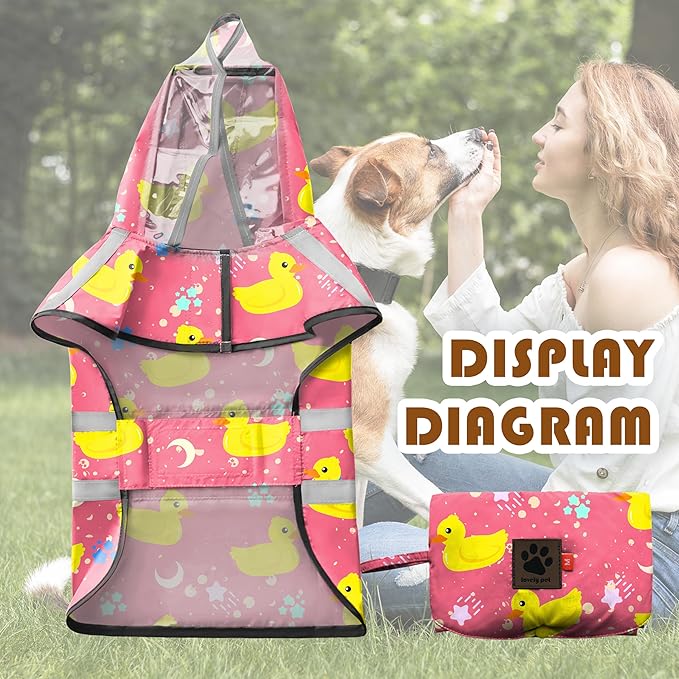 Dog Raincoat, Adjustable Dog Rain Jacket with Clear Hooded Double Layer for Large Medium Small Dogs Puppies, Waterproof Rain Coat Poncho Duck, Pink-L