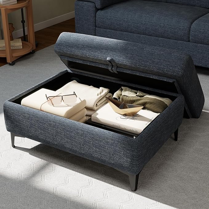 35" Large Storage Ottoman for Living Room, 7.8" Deep Seat Rectangular Ottoman Foot Rest for Couch, Chenille Storage Footstool Load 350 lb (Blue)