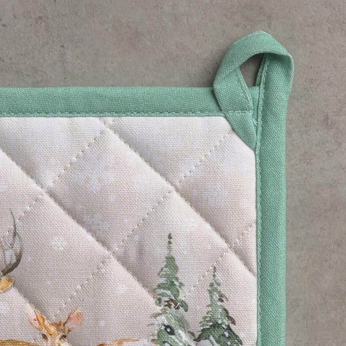 Maison d' Hermine Pot Holders Set 100% Cotton Heat Resistant Potholders 8" x 8" Hot Pads with Loop for Thanksgiving Christmas Decorations BBQ Baking Handling Hot Pans (Pack of 2, Deer in The Woods)