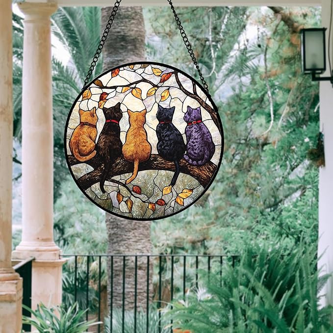 Stained Glass Window Hanging - 5 Cats on a Branch Suncatcher for Window Doors Home Decoration and Christmas, Mother's Day Father's Day Birthday Gifts for Women, Men, and Mom 6.3x6.3 in