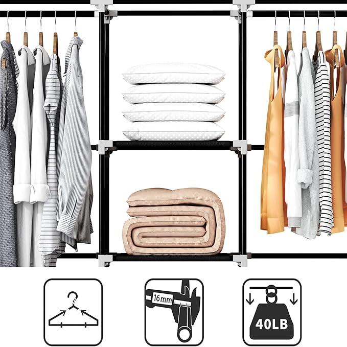 Portable Closet, 51 Inch Wardrobe Closet for Hanging Clothes with 2 Hanging Rods, 8 Storage Organizer Shelves for Bedroom, Durable and Easy to Assemble, Black