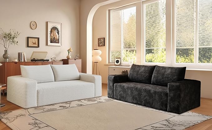 Saiveina 71" Corduroy Loveseat Sofa, Deep Seat Comfy Couch with Backrest and Armrests, No Assembly Required Sofa Couch for Living Room Bedroom Apartment, White