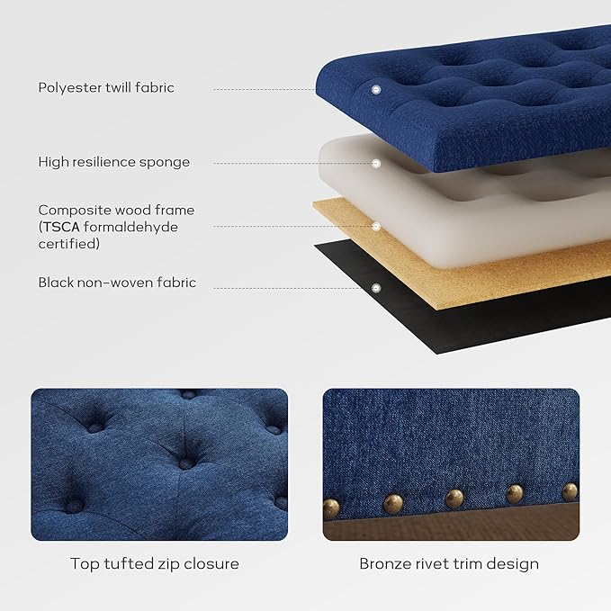 HUIMO 51-inch Storage Ottoman Bench with Removable Tray, Bedroom Bench with Button-Tufted, Safety Hinge Ottoman in Upholstered Fabrics, Large Long Bench for Living Room, Bedroom (Bule)