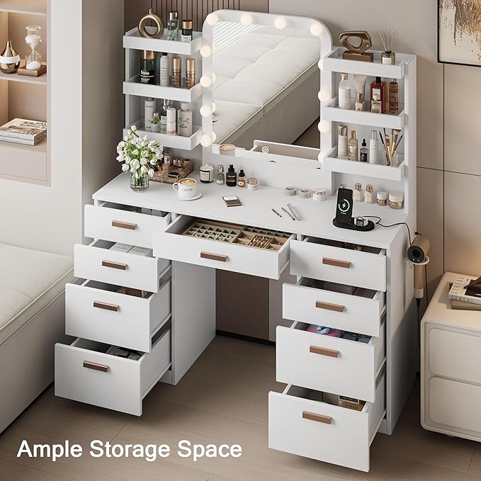 Makeup Vanity with Mirror and LED Lights, Vanity Desk Table with 9 Drawers, 6 Storage Shelves with Protect Panel, Power Outlet and 3 Color Modes Available for Bedroom Dressing Room, White