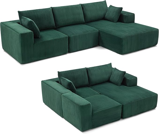 108” Modular Sectional Sofa, Cloud Sectional Couch with Deep Seat, Modern Modular L-Shape Sofa with Chaise,Upholstered Boneless Couches for Living Room Bedroom (Corduroy, Green)