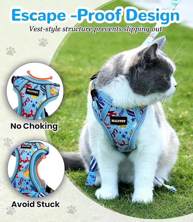 Halypet Cat Harness and Leash Set for Walking, Escape Proof Adjustable Vest Harness with 3-in-1 Integrated Buckles, Easy Control Soft Breathable Mesh with Reflective Strips for Cats, XS, Azure Blue
