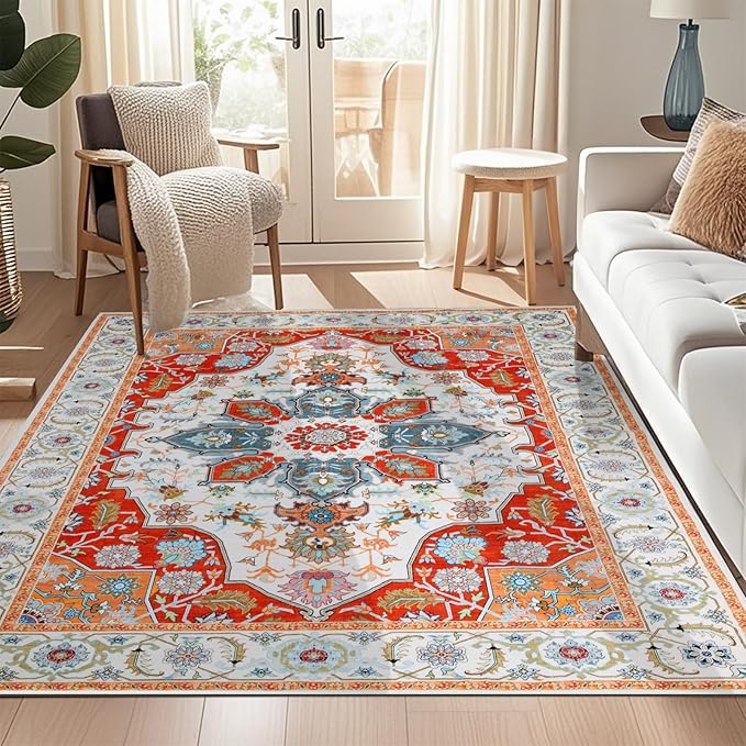 WILLSUN Washable Area Rugs, 6x9 Non-Slip Boho Large Area Rugs for Living Room, Bedroom, Machine Washable Vintage Rug, Indoor Floral Print Carpet for Home Decor, Kid & Pet Friendly Mat