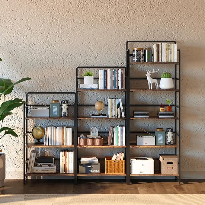 4NM No Assembly Folding Bookshelf, 4-Shelf 54" H Collapsible Foldable Bookcase Storage for Small Spaces, Rustic Brown and Black