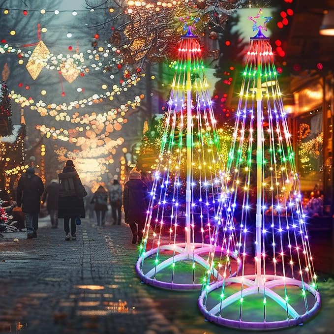 2 Pack 9ft Christmas LED Cone Tree Lights Outdoor Decoration 24 Modes Color Changing with Timer Foldable Lighted Yard Trees Waterproof String Lights Holiday Decor for Christmas New Year Xmas