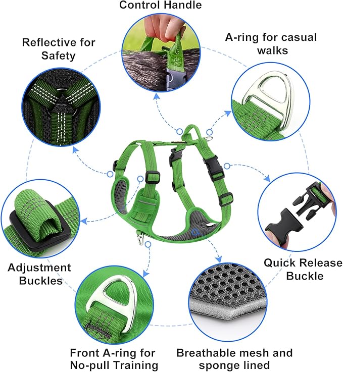 Plutus Pet No Pull Dog Harness, Reflective Adjustable Dog Vest Harness with Handle, Escape Proof, Soft Padded for Small Medium Large Dogs (Green, XL)