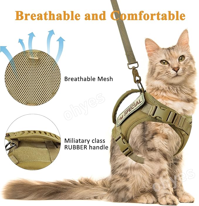 Tactical Cat Harness for Walking Escape Proof, Soft Mesh Adjustable Pet Vest Harness for Large Cat, Small Dog and Khaki…