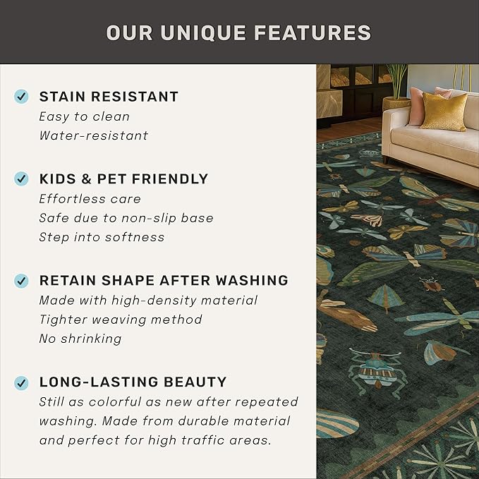 Dark Green 4x6 Washable Area Rug for Living Room, Bedroom, Large Entryway, Kitchen, Ultra Soft Non Slip Stain Resistance, Floral Forest with Brown Aethestic Design