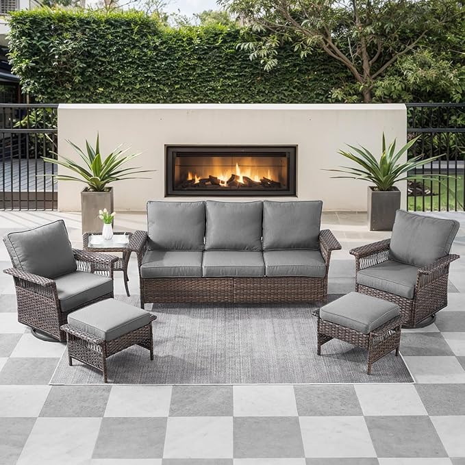Outdoor Swivel Glider Chairs - 4 Pieces Hollow Widen Armrests Wicker Patio Furniture Set with Ottomans, High Back Outside Swivel Rocker for Balcony Porch Deck and Yard - Brown/Gray