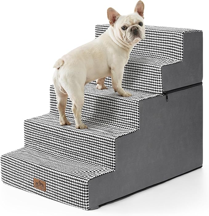 Dog Stairs for Small Dogs, 5 Tier Removable Wider Pet Stairs for Couch and Bed, 23.6" H Non-Slip Dog Steps for Puppies and Old Cats with Support Board, 29.5x19.7x23.6 inch, White Black
