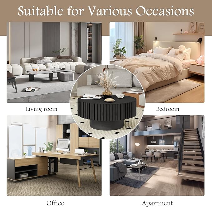 Fluted Coffee Tables 31.5" Round Wood Coffee Table Modern Handcraft Drum Coffee Tables with Sturdy Pedestal Unique Coffee Table for Living Room Home Office (Round Black)