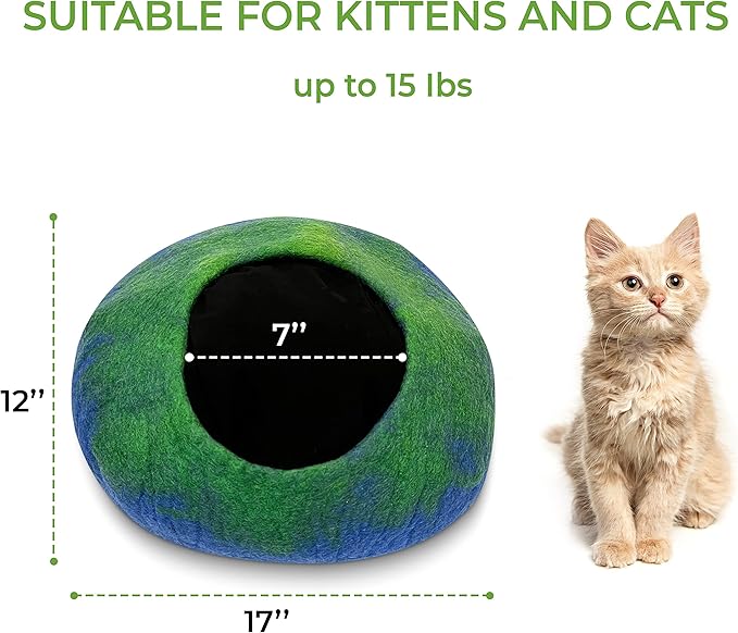 Woolygon Premium Felt Cat Cave Bed β Wool Kitty Beds Handcrafted Kitten Caves Bed for Indoor Cats - Made from 100% Eco-Friendly Merino Wool, Foldable Cat Hidewawy Covered Cat Houses (Emerald Indigo)