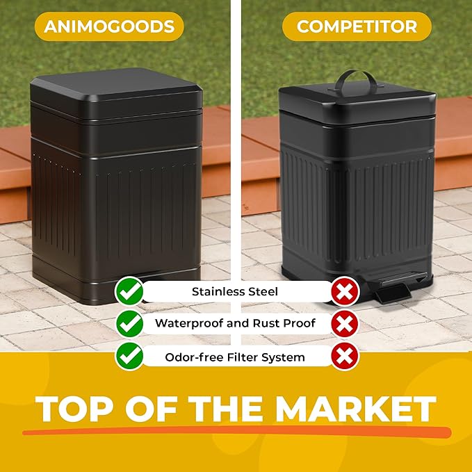 Small Dog Poop Trash Can Outside, 1.3 Gal Stainless Steel Dog Waste Trash Can, Waterproof Small Poop Bucket Outdoor with Lid, Poop Pail for Dogs, Dog Poop Bin Outdoor with Odor Control (Black)