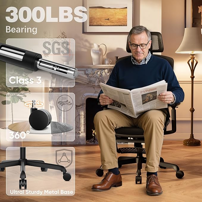 ELABEST T96E Ergonomic Mesh Office Chair with Adjustable Headrest & Footrest,Sturdy Computer Desk Chair - Adjustable Lumbar Support & Armrests,Comfort Wide Seat,Swivel Home Office Chair