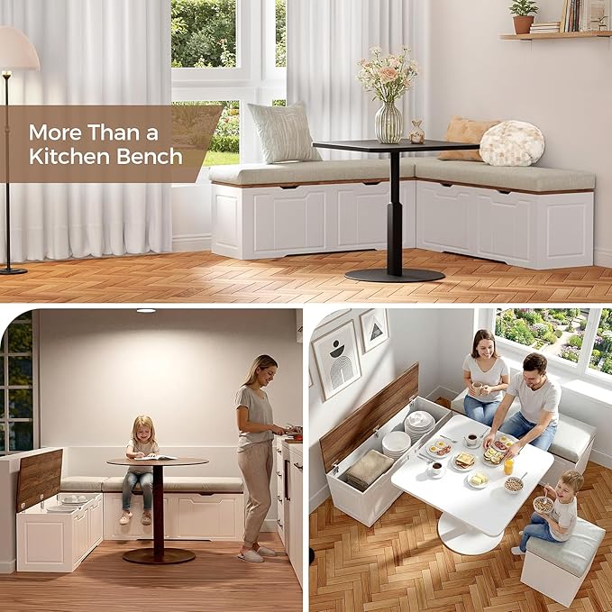L-Shaped Corner Bench w/Storage, 63" Breakfast Nook Bench, Flip-Top Storage Compartment Bench for Entryway, Kitchen, Dining Room, Hallway Cloakroom Organization, Stool Only