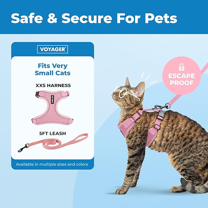 Voyager Escape Proof Cat Harness and Leash Set with Reflective Stitching, Neoprene Handle 5ft - Supports Small, Medium and Large Cats, Kittens for Walking by Best Pet Supplies - Pink, XXS