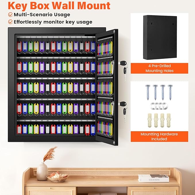 125 Keys Dual Lock Box Wall Mount, Anti-Theft Key Cabinet with Key Hooks & 125 Tags Key Labels, Steel Drop Slot Key Safe for Hotels & Office & Companies & Car Dealerships
