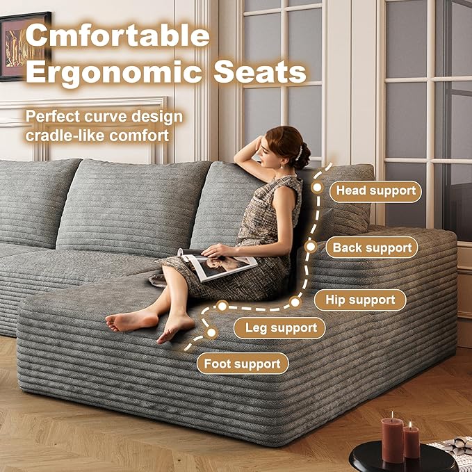 136" Sectional Couches for Living Room Modern Modular Sofa with L-Shape Couchs Upholstered Boneless Couch Deep Seat Sectional Couch with Chaise (Grey, Right Facing Chaise+3Seaters+Ottoman)