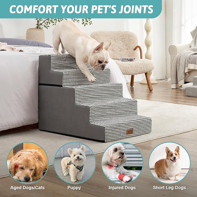 Dog Stairs for Small Dogs, 5 Tier Removable Wider Pet Stairs for Couch and Bed, 23.6" H Non-Slip Dog Steps for Puppies and Old Cats with Support Board, 29.5x19.7x23.6 inch, White Black