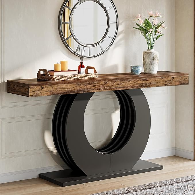 Tribesigns 63-Inch Console Sofa Table, Rustic Industrial Farmhouse Entryway Table, Narrow Long Couch Console Behind Sofa with Black Circle Base for Living Room Hallway, Rustic Brown