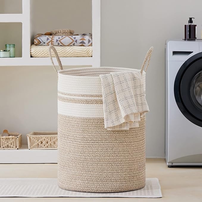 VIPOSCO Large Laundry Hamper, Tall Woven Rope Storage Basket for Blanket, Toys, Dirty Clothes in Living Room, Bathroom, Bedroom - 100L Brown & White