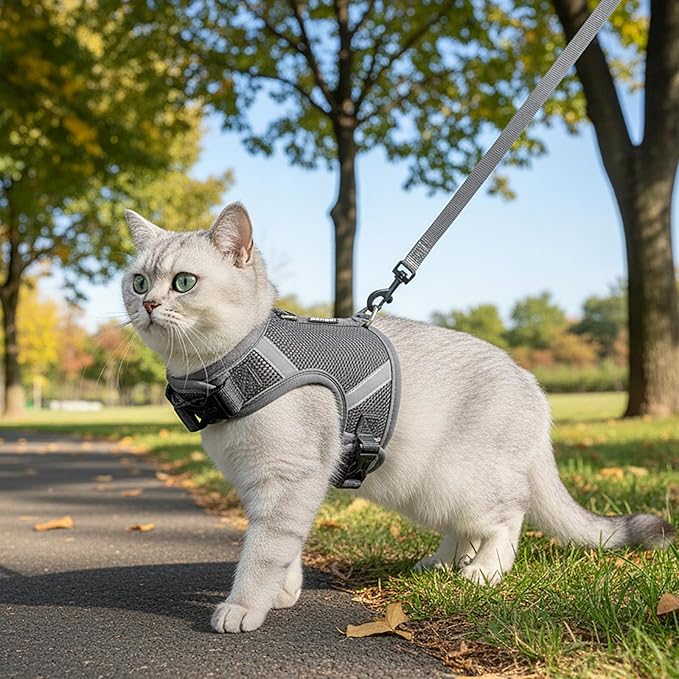Cat Harness and Leash Escape Proof Kitten Harness Cat Leash for Walking Travel Service Cat Vest, Grey, X-Large