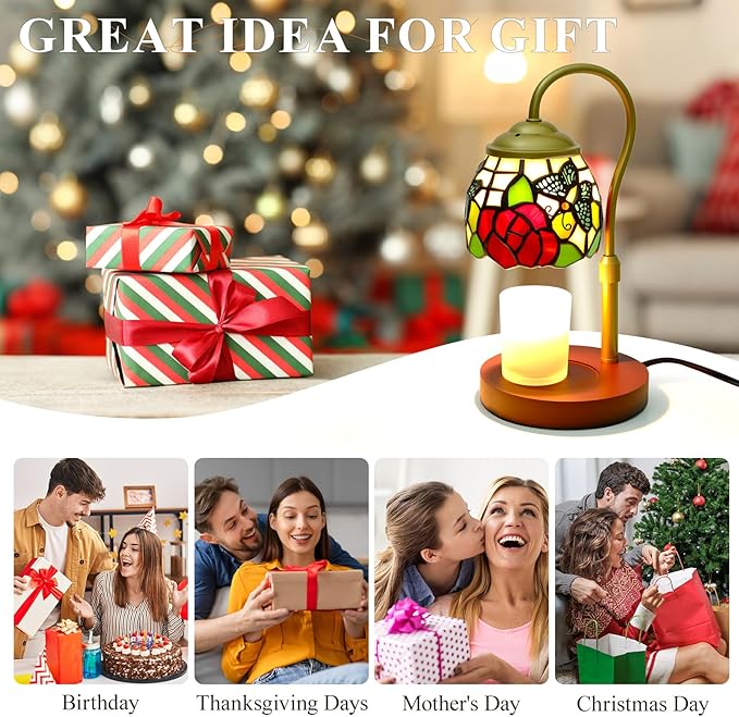 Candle Warmer Lamp with Timer Dimmer, Butterfly Tiffany Style Stained Glass Candle Lamp Warmer, Adjustable Wax Melt Warmer with 2 Bulbs for Small Jar Candles Christmas Birthday Gifts for Women