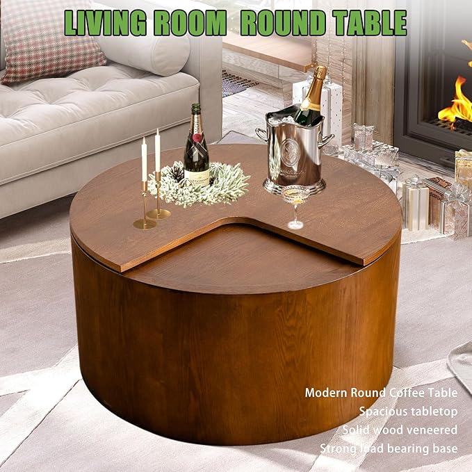 Mid - Century Modern Round Drum Coffee Table with 360° Rotating Desktop & Storage, 27.16" Walnut Small Center Table for Living Room & Home Small Spaces (Walnut 27.16)