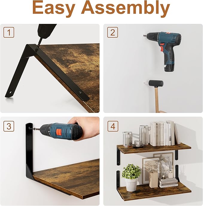 Fun Memories Deep Floating Shelves for Wall, 12 Inch Deep Wall Shelf, 24 Inch Long Floating Shelves with Bracket Set of 2, Rustic Deep Storage Shelf for Bedroom, Living Room, Kitchen, Rustic Brown