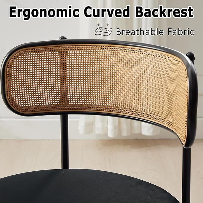 Rattan Dining Chairs Set of 4, Mid Century Modern Dining Chairs with Cane Back and Boucle Upholstered Seat, Farmhouse Kitchen Chairs for Dining Room and Living Room, Black