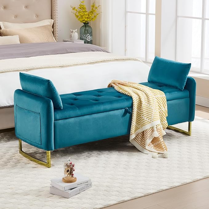 65" Storage Ottoman Bench, End of Bed Storage Bench King Size with Tufted Button Upholstered and Gold Legs, Bedroom Benches with Armrests for Living Room Window, Vintage Green