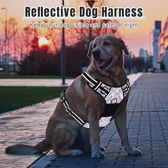 Rnivvi No Pull Dog Harness, Cute Flower Reflective Large Sized Puppy Harness, Adjustable Soft Padded Vest for Large Dogs, Heavy Duty Pet Vest with Easy Control Handle for Walking, Purple White