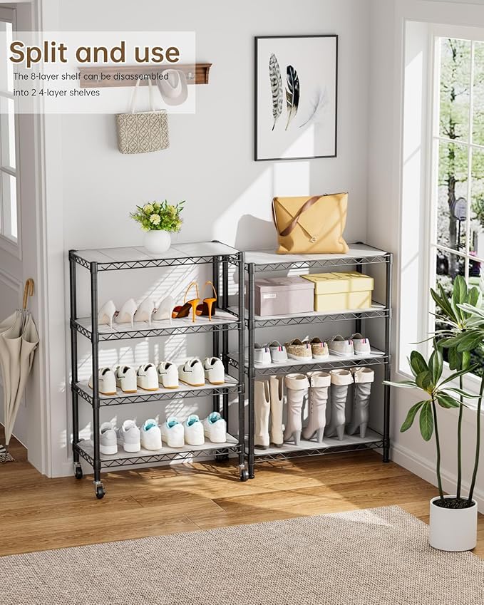 8 Tier Shelves Storage Shelf Wire Closet Bathroom Organizers Metal Pantry Kitchen Garage Shelving Unit Laundry Room Organization Home Rack Net Basket Black with Wheels 12”D X 22”W X 74.2”H